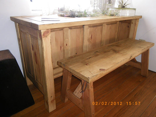 Handcrafted Aged Wood Storage Table and Bench